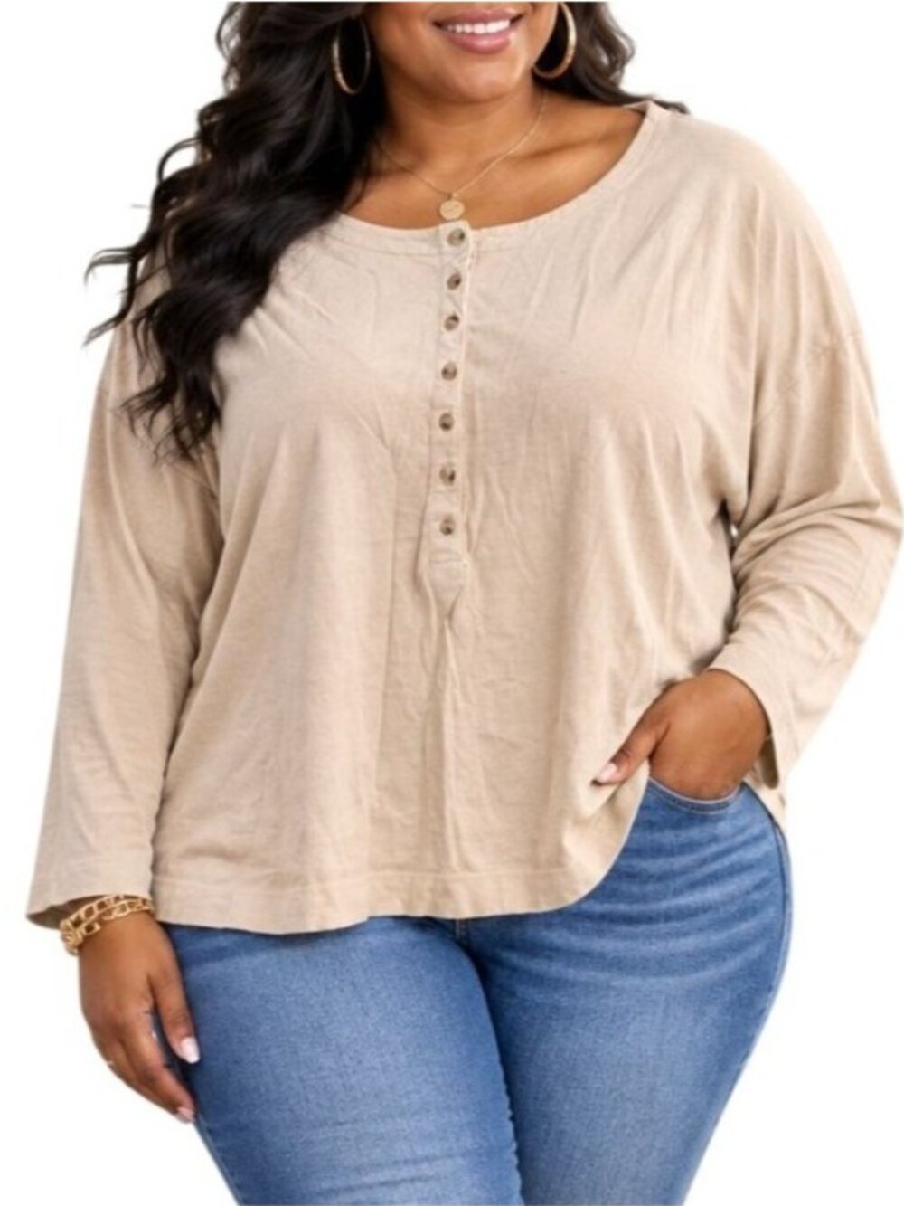 Old Navy Plus Size 2X Top Beige Long Sleeve Henley 100% Cotton Relaxed Fit